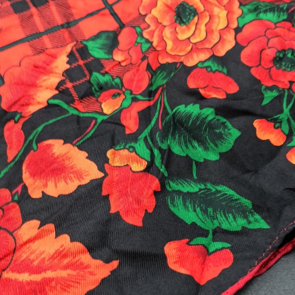 Vintage Ann Taylor Silk Scarf, 34" Square Red Floral, Black and Red Check Center - Picture 5 of 8
